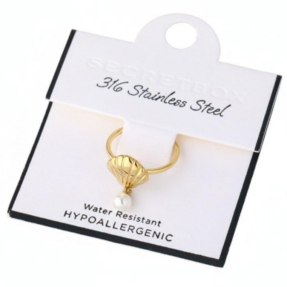 Gold Seashell Pearl Drop Ring - 316 Stainless Steel